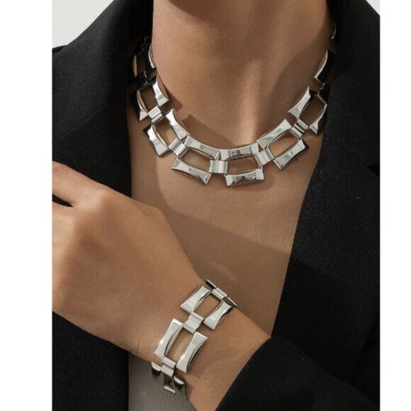Sterling Silver 925 Geometric Square Link Necklace & Bracelet Set - Picture 1 of 5
